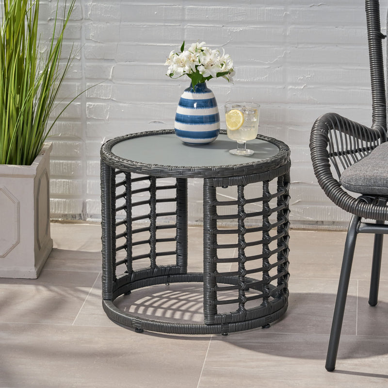Achill - Outdoor Modern Boho Wicker Side Table With Glass Top - Gray - R&R Furniture Gallery (Fountain Valley, CA)