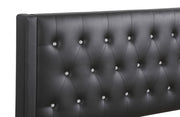 Contemporary upholstered bed by Glory Furniture in a spacious bedroom, featuring a stylish padded headboard and modern design.