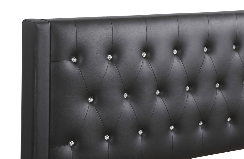 Contemporary upholstered bed by Glory Furniture in a spacious bedroom, featuring a stylish padded headboard and modern design.