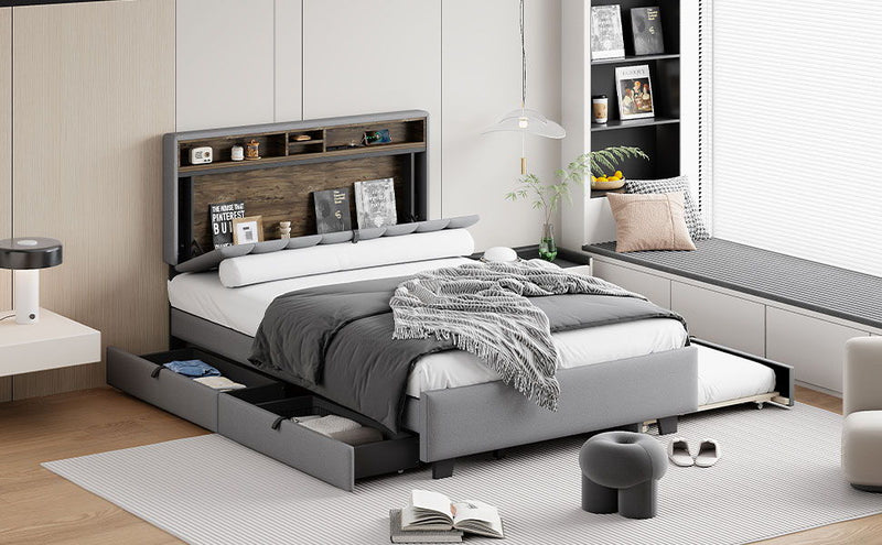 Upholstered Platform Bed With Storage Headboard, Trundle & 2 Drawers And A Set Of Sockets & USB Ports - R&R Furniture Gallery (Fountain Valley, CA)