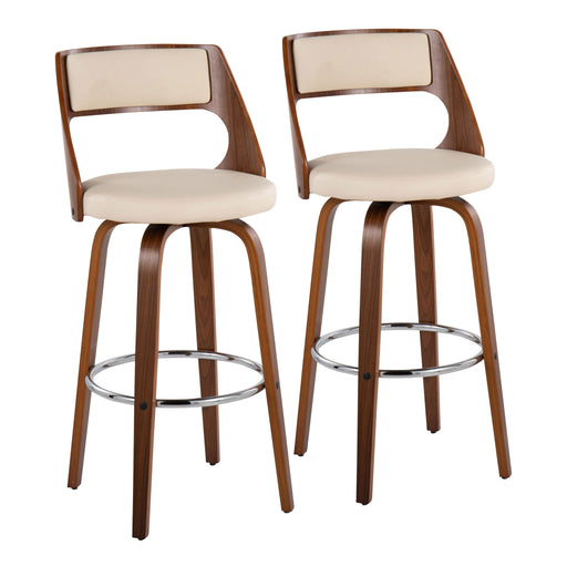 Lumi Source Cecina mid-century modern barstool set with swiveling seats, featuring wooden legs and upholstered seats in a stylish design.