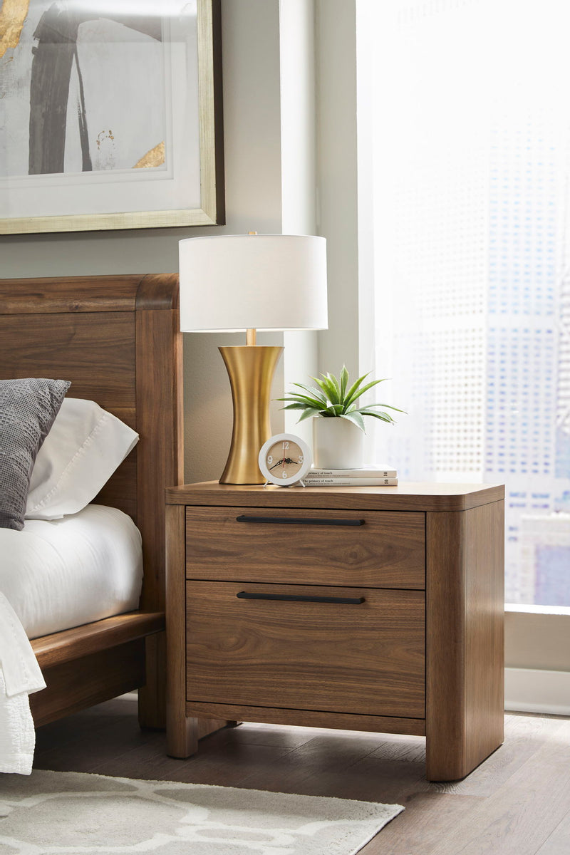 Modus Totes Two Drawer Nightstand in English Walnut with sleek design and two spacious drawers for bedroom storage.