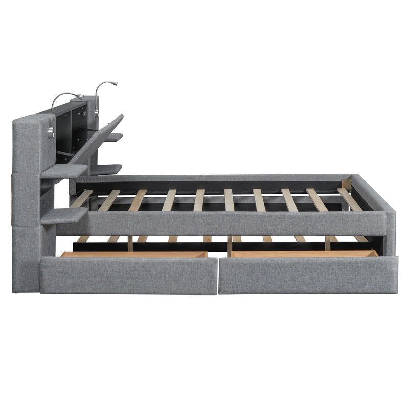 Upholstered Platform Bed With Reading Lights, Drawers, Trundle And Shelves - R&R Furniture Gallery (Fountain Valley, CA)