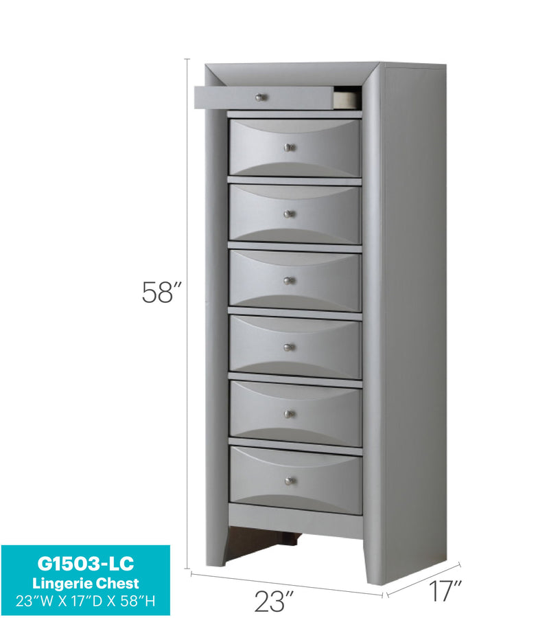 Glory Furniture Marilla 7 Drawer Lingerie Chest with wooden finish and silver handles, featuring a sleek, modern design.