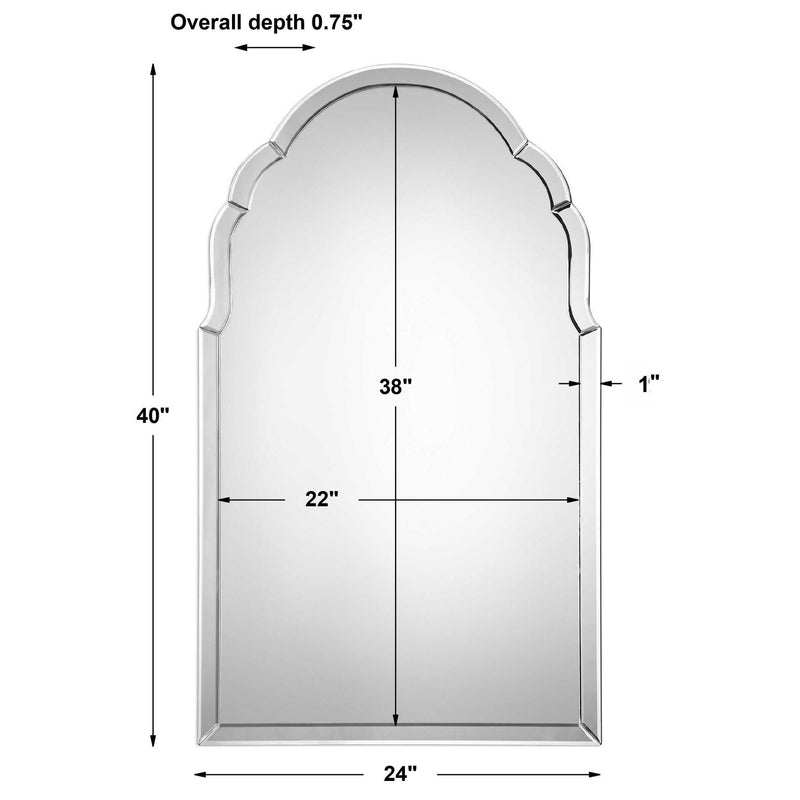 Brayden Pearl Silver frameless arched wall mirror by Uttermost, showcasing a sleek, modern design with a silver finish.