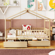 DreamHaus house bed with built-in storage drawers, wooden frame, and cozy house-shaped design for kids' bedroom.