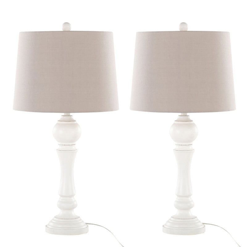 Pair of Lumi Source Winston Farmhouse Poly Table Lamps with white shades and wooden bases, set of two for stylish home lighting.