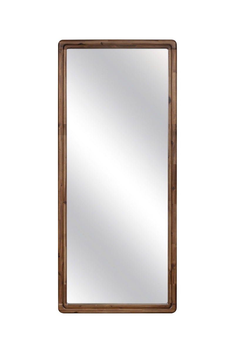 Modus Boka beveled glass floor mirror in Impala finish, standing upright with a sleek, modern frame reflecting a bright room.