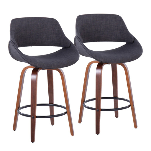 Lumi Source Fabrico mid-century modern fixed height counter stools with round footrests, set of 2, featuring sleek design and wooden legs.