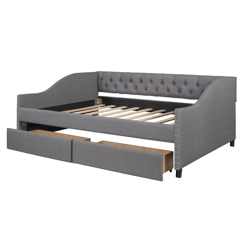 DreamHaus upholstered storage daybed with two drawers and wood slat support, featuring a modern design and soft fabric upholstery.