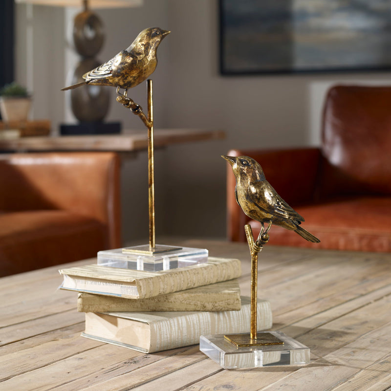 Set of two light brown bird sculptures by Uttermost, decorative passerines figurines for home decor.
