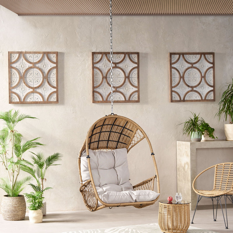 Light brown beige wicker hanging chair from Noble House with 8ft chain, suitable for outdoor or indoor use, stylish and comfortable.