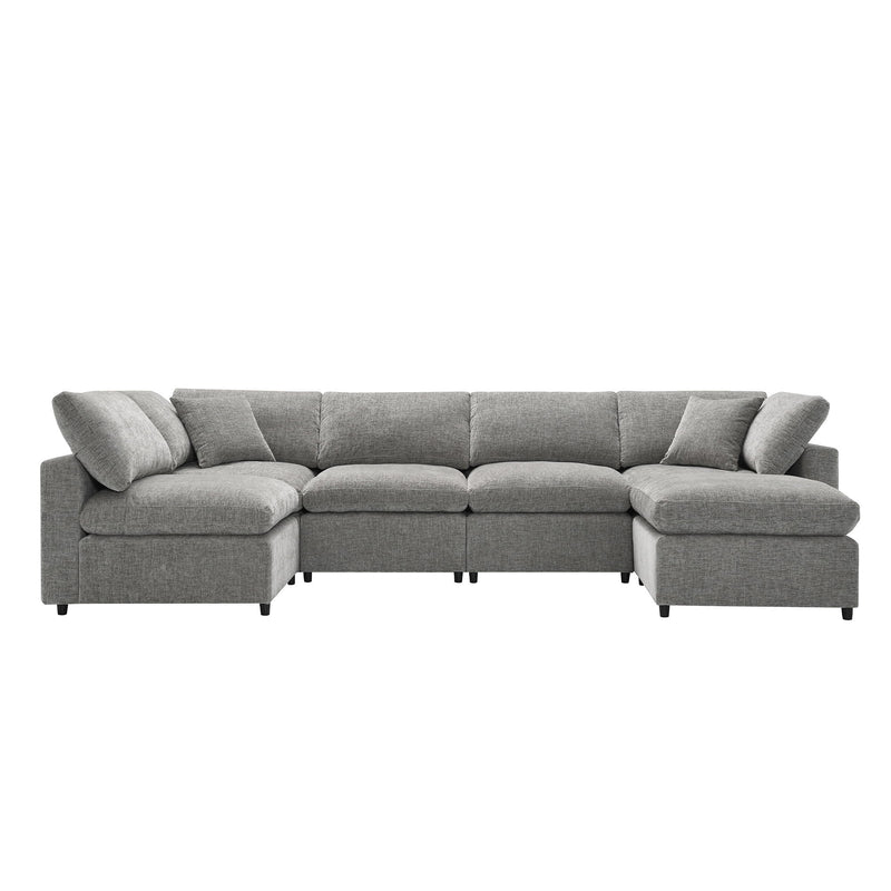 Luxe & Co. modern modular cloud sofa bed with six seats, sectional design, ottoman, and convertible U-shaped sleeper for living room