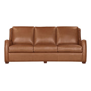 Parker Living Channing top-grain leather 2-piece living room set in Renaissance Cinnamon with scroll arms and antique brass nail trim.
