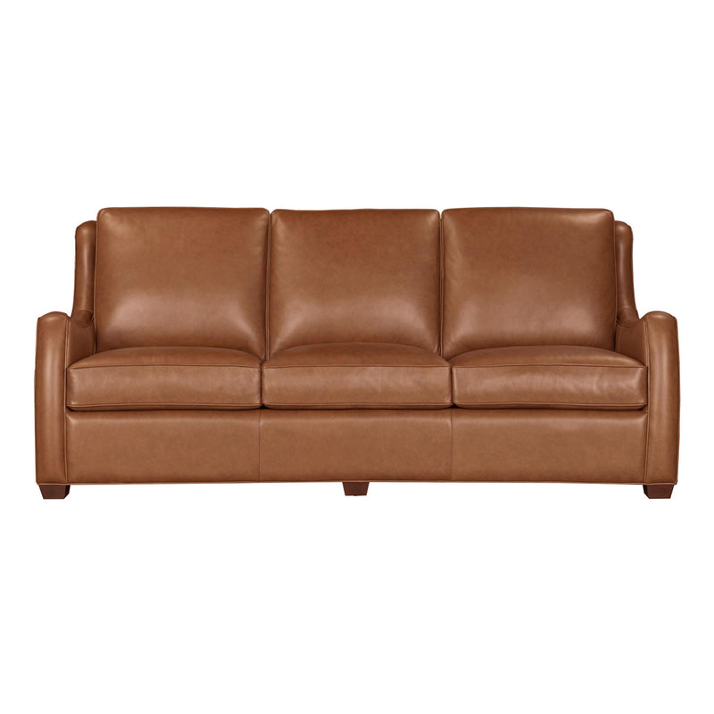 Parker Living Channing top-grain leather 2-piece living room set in Renaissance Cinnamon with scroll arms and antique brass nail trim.