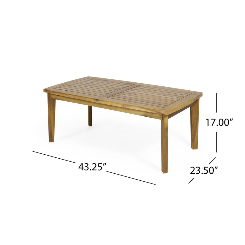 Brown outdoor rectangular coffee table from Noble House, showcasing a sturdy wooden surface and modern design for outdoor space.