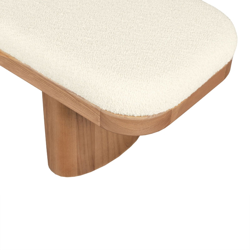 White Ollie Boucle Wooden Bench by TOV Furniture, upholstered wooden bench with plush boucle fabric and modern design.