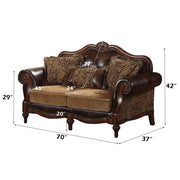 Dreena - Loveseat With 3 Pillows - Two Tone Brown Synthetic Leather & Chenille Cherry - R&R Furniture Gallery (Fountain Valley, CA)
