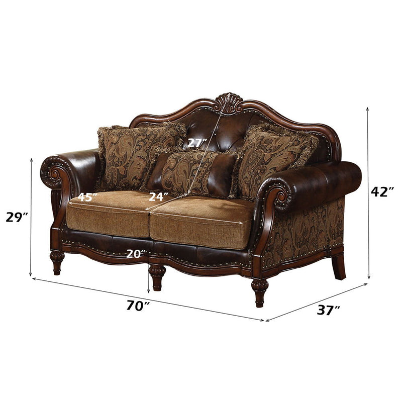 Dreena - Loveseat With 3 Pillows - Two Tone Brown Synthetic Leather & Chenille Cherry - R&R Furniture Gallery (Fountain Valley, CA)