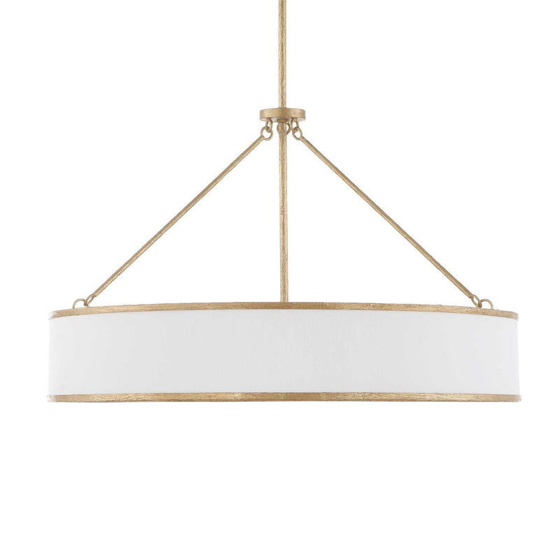 Uttermost Algiers 8-light drum pendant lighting with gold and white finish, featuring eight drum-shaped shades hanging from a central fixture.