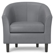 Simpli-Home Austin transitional arm chair with plush fabric upholstery and wooden legs, stylish and comfortable living room seating.