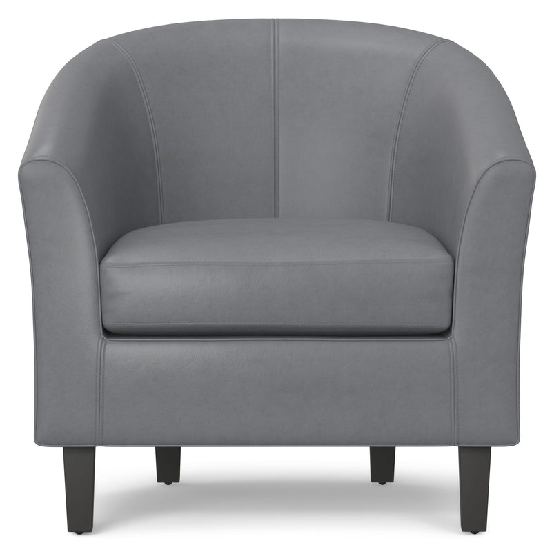 Simpli-Home Austin transitional arm chair with plush fabric upholstery and wooden legs, stylish and comfortable living room seating.