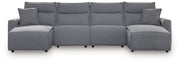 Signature Design by Ashley Modmax II reclining sectional in salt and pepper fabric, with plush cushions and modern design.