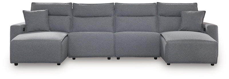 Signature Design by Ashley Modmax II reclining sectional in salt and pepper fabric, with plush cushions and modern design.