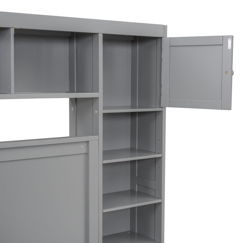 DreamHaus bed with integrated cabinet, shelf, and sockets featuring a twin long trundle, modern design with storage and sleeping space.