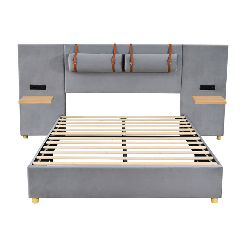 Upholstered Platform Bed, 2 Outlets And USB Charging Ports On Both Sides, 2 Bedside Pillows, Storage Shelves - R&R Furniture Gallery (Fountain Valley, CA)