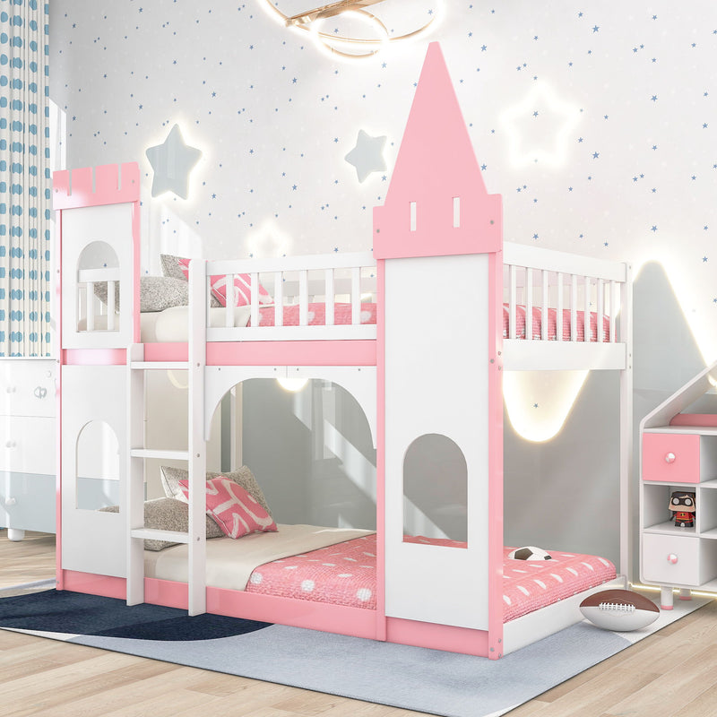 Twin Over Twin Castle Bunk Bed With Ladder - Pink - R&R Furniture Gallery (Fountain Valley, CA)