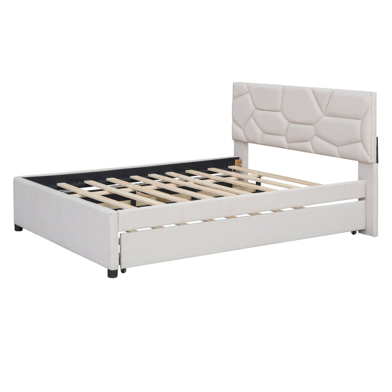 Upholstered Platform Bed With Brick Pattern Headboard And Twin Long Size Trundle - R&R Furniture Gallery (Fountain Valley, CA)