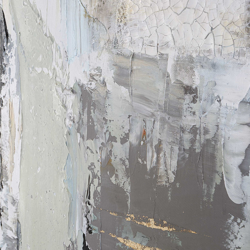 Hand painted canvas art titled Natural Springs by Uttermost featuring pearl silver tones and abstract landscape design.