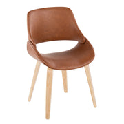 Lumi Source Fabrico mid-century modern dining chair set with natural bent wood legs, upholstered in blue, cream, or camel fabric.