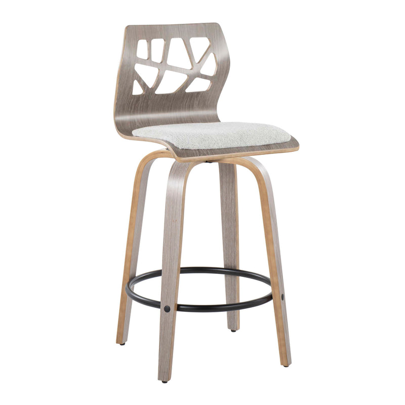 Set of two Lumi Source Folia contemporary light gray fixed height counter stools with swivel and round footrest.