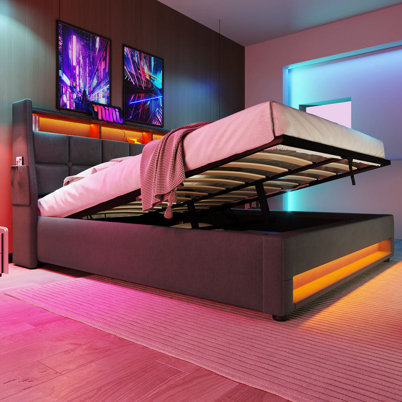 Artistry At Home upholstered platform storage bed with hydraulic lift, LED lighting, and USB charging ports, without mattress.
