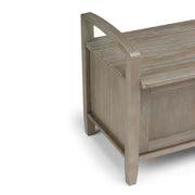 Handcrafted Warm Shaker entryway storage bench by Simpli-Home with wooden finish and cushioned seat for seating and organization.
