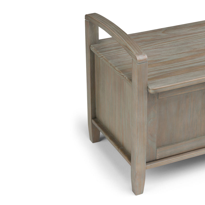 Handcrafted Warm Shaker entryway storage bench by Simpli-Home with wooden finish and cushioned seat for seating and organization.