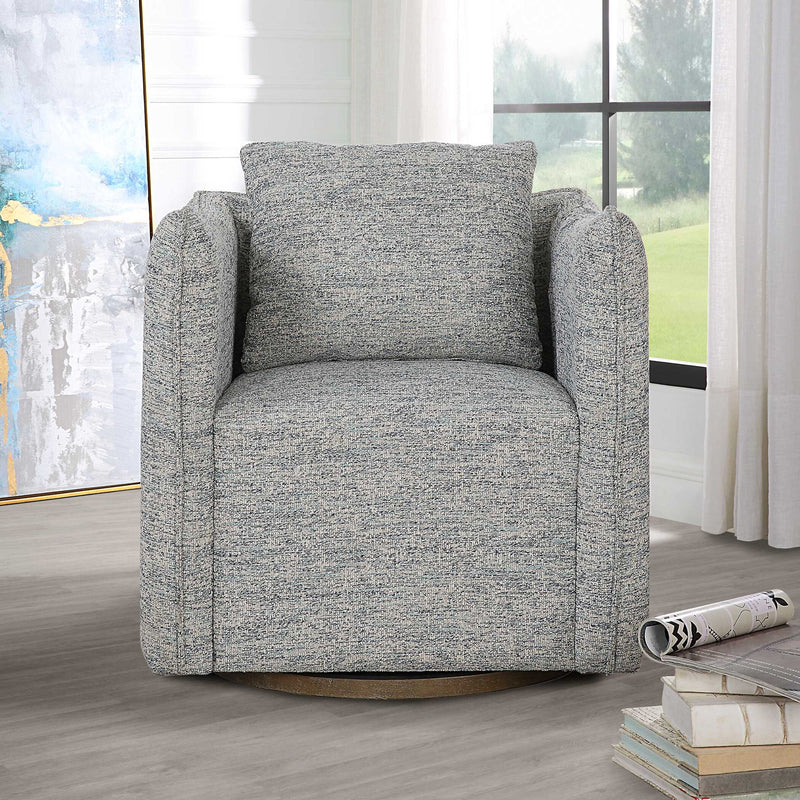 Uttermost Corben swivel chair with plush fabric upholstery and modern design, featuring a swivel base and stylish armrests.