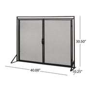 Noble House Samantha iron fireplace screen with two-door design, decorative scrollwork, and black finish for safety and style.