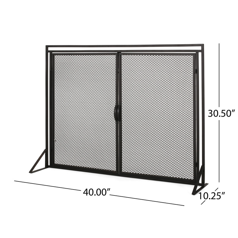 Noble House Samantha iron fireplace screen with two-door design, decorative scrollwork, and black finish for safety and style.