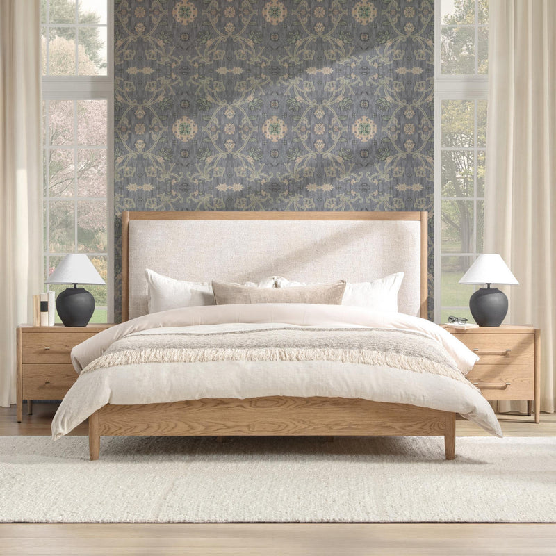 Classic Home Alisen upholstered bed with a padded headboard and beige fabric, showcasing a modern bedroom design.