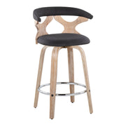 Set of two Lumi Source Gardenia mid-century modern counter stools with swivel seats and wooden legs, shown in a contemporary kitchen setting.