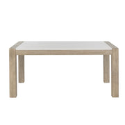 Vanilla marble dining table and 4 beige upholstered chairs in a 5-piece dining set by Global Furniture USA.