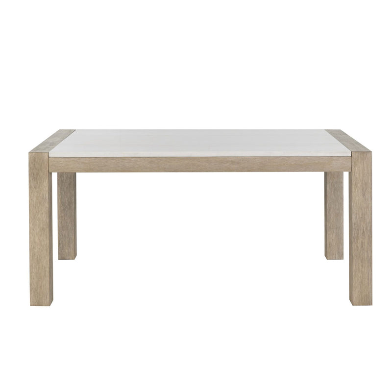 Vanilla marble dining table and 4 beige upholstered chairs in a 5-piece dining set by Global Furniture USA.