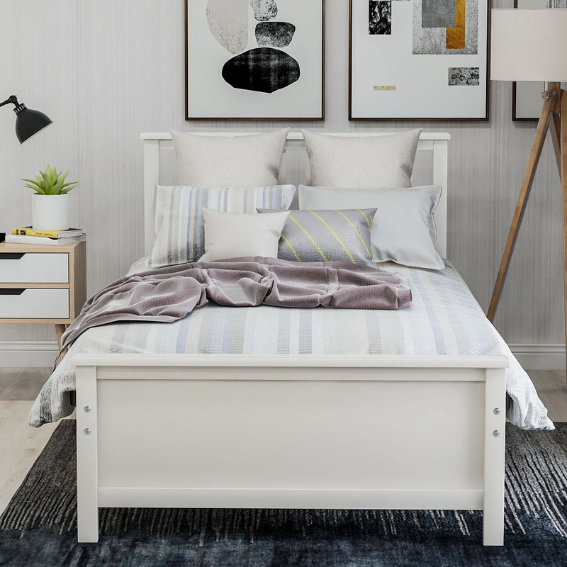 DreamHaus platform bed with headboard, footboard, and wood slat support, showcasing a modern design and sturdy construction.