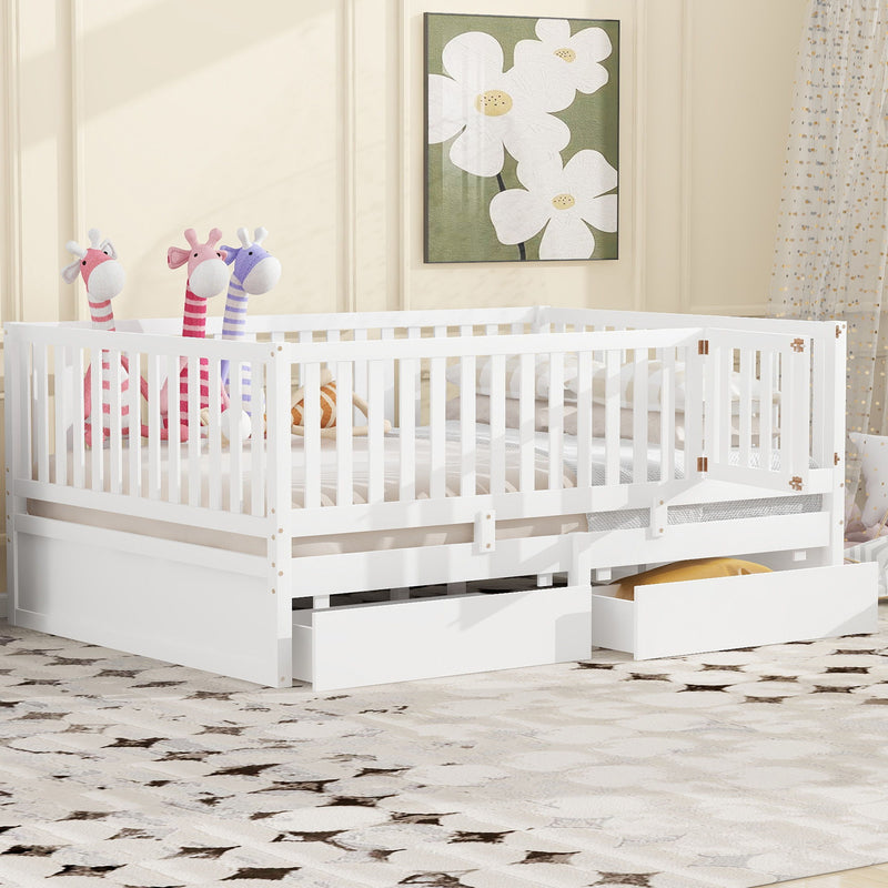 DreamHaus storage daybed with fence guardrails, two drawers, split into independent floor bed and daybed, perfect for versatile sleeping space.