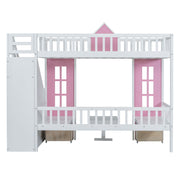 DreamHaus twin over twin bunk bed with convertible table, upper bed, and down desk, featuring a modern wood finish and safety rails.