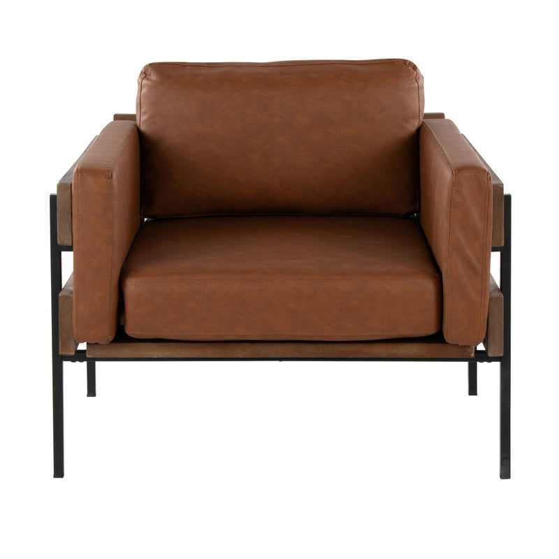 Lumi Source Kari farmhouse design accent chair with wooden legs and beige upholstery, showcasing a cozy, rustic style.