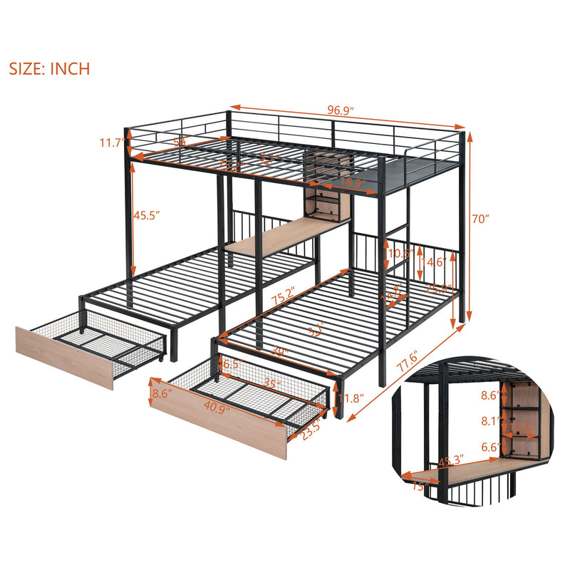 Triple Bunk Bed With Drawers, Multi-Functional Frame With Desks And Shelves In The Middle - R&R Furniture Gallery (Fountain Valley, CA)
